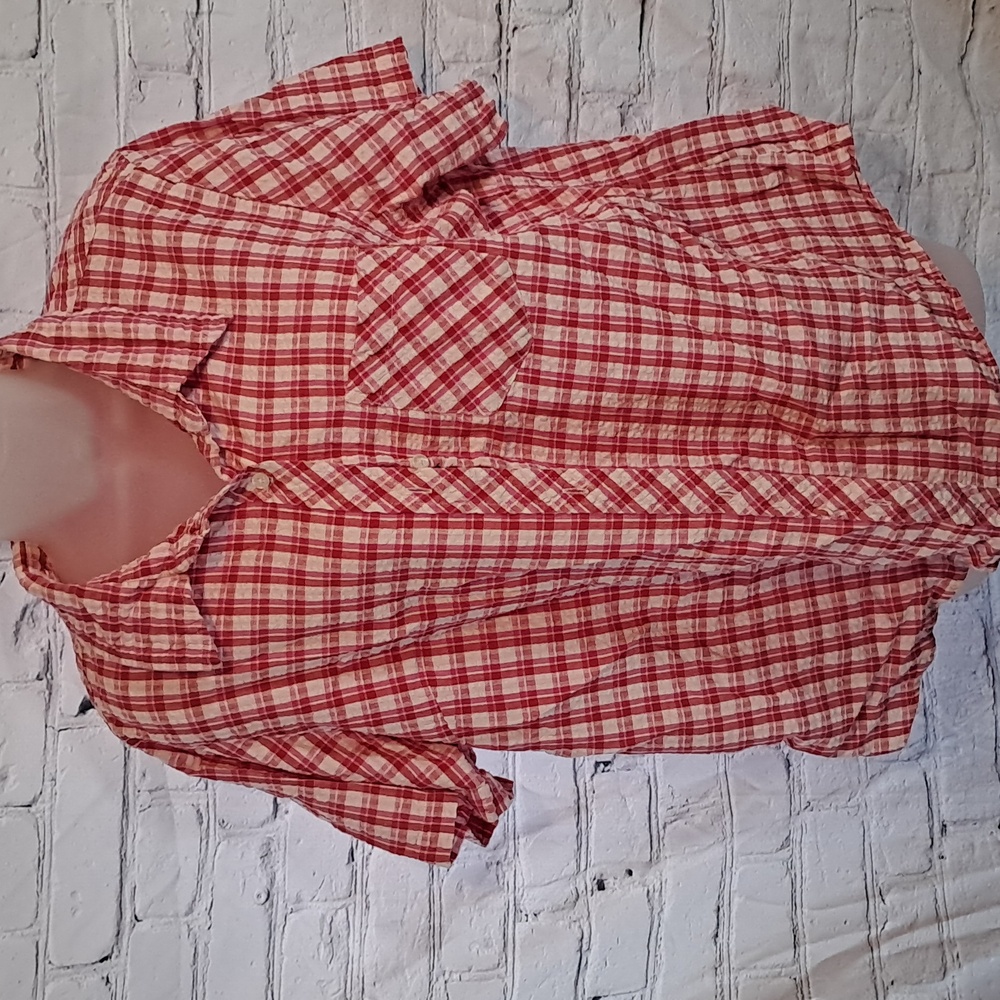 Pink and white plaid button up top.  Basic editions.  Size 18w